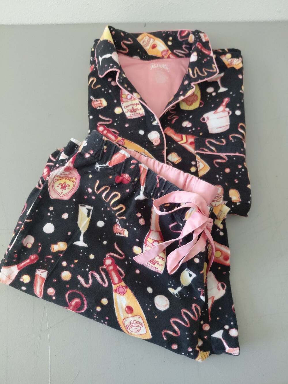 NICK & NORA Womens Flannel Pajama SET Large Celebration Champagne New Years Cozy